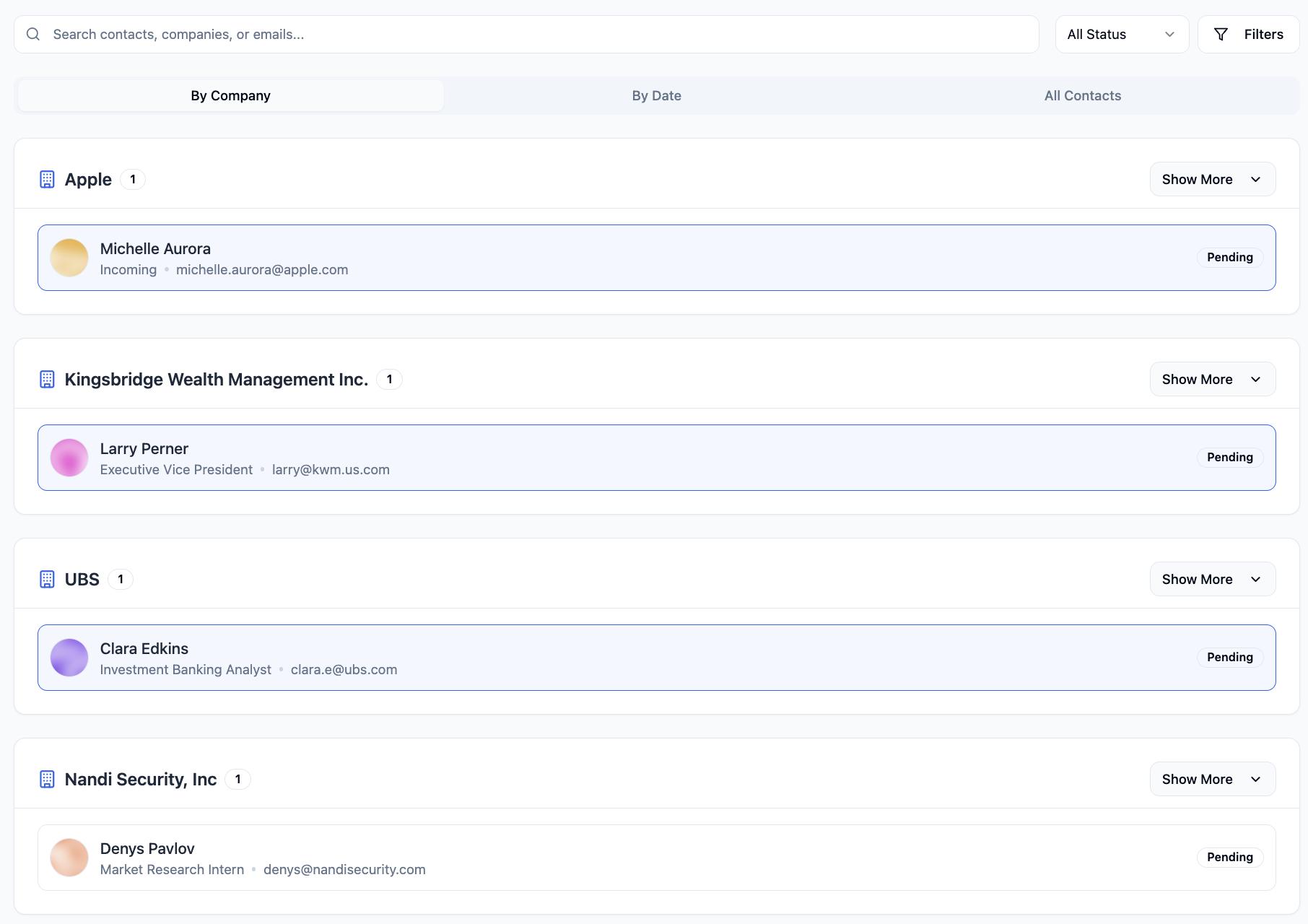 Smart CRM dashboard with color-coded contacts